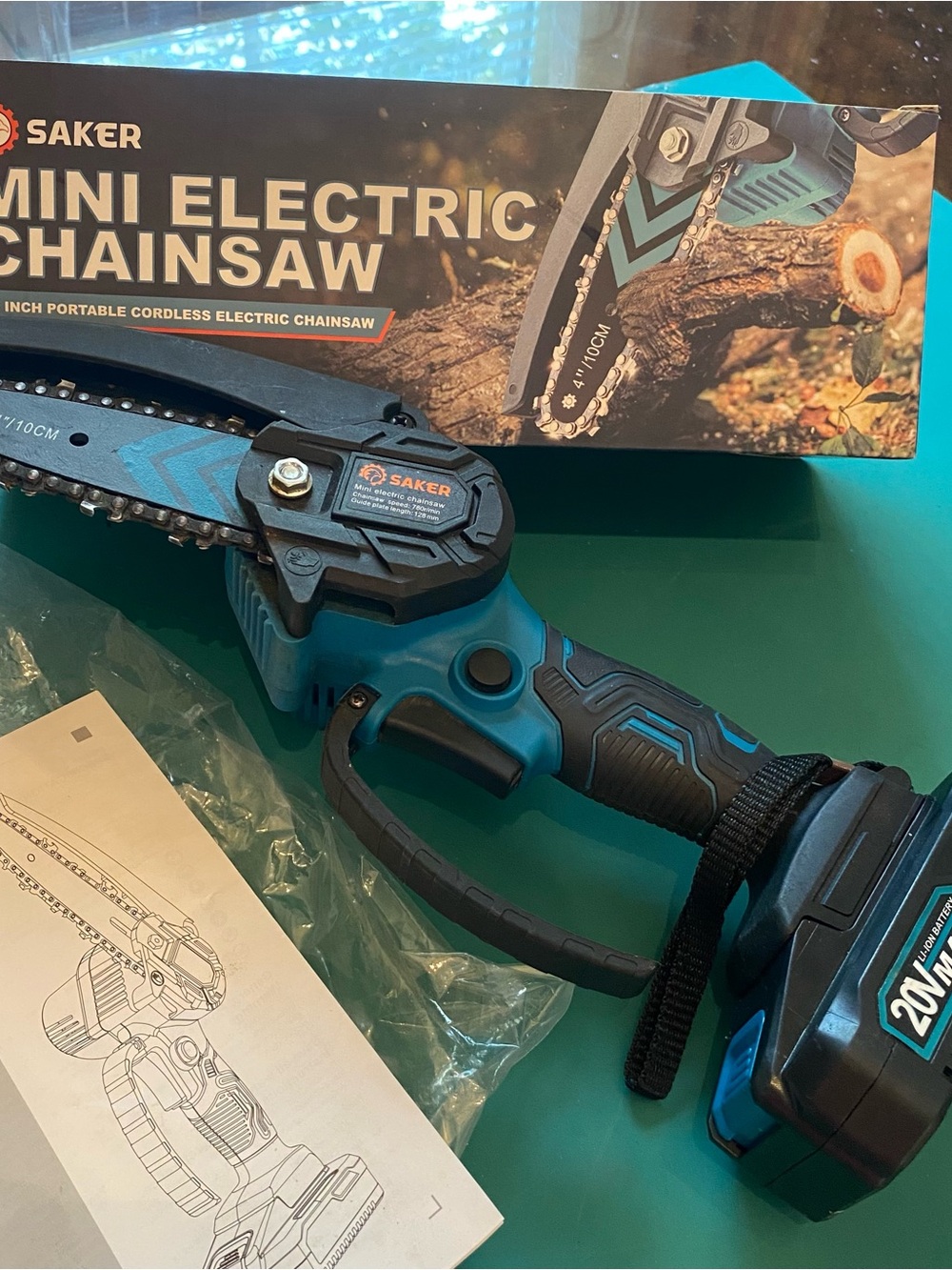SAKER Mini Electric Chainsaw - Teal/Black Portable Cordless Chainsaw